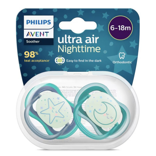 Chupete Silicona Philips Avent Ultra Air Nocturno 6   18 Meses 2 Unidades Niño Scf376/13