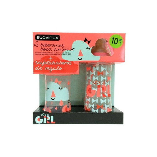 Suavinex Pack 2 Biberones Boca Ancha+Sujetababero Its A Girl Naranja